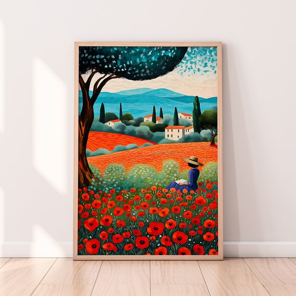 Provence Coquelicots Luberon Travel Illustration France Travel Print Poppy fields painting Colorful Scenery France Bright Vibrant Print