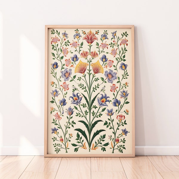 Vintage Mughal Floral Motifs, Indian Art, Floral Palace Paintings, Home Decor, Indian Posters, Bohemian Wall Art