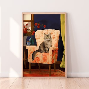 Norwegische Waldkatze Illustration Kunst, sitzende Katze auf Couch Illustration Kunstdruck, verrückte Katzenliebhaber Katzenmama Geschenk, einzigartiges Geschenk, Animal Print