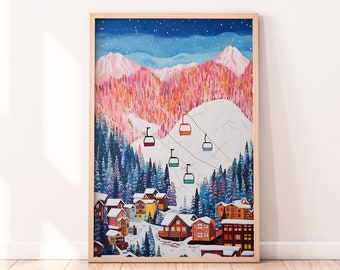 Swiss Alps Painting, Pink Winter Print, Colorful Wall Art, Printable Digital