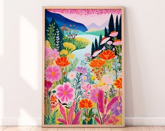 Abstract Floral Landscape Art Print: Colorful Patchwork Illustration (Digital Download)