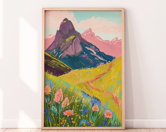 Abstract Mountain Artwork, Colorful Wall Art, Abstract Art, Acrylic Art, Illustration Art, Living Room Print, Scenery Art, Floral Art