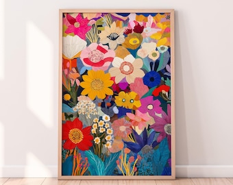 Colorful Floral Patchwork Art Print: Abstract Flower Illustration (Digital Download)
