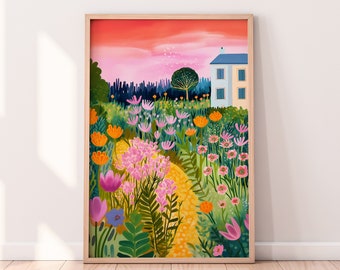 Dessin de jardin fleuri, art mural paysage coloré, numérique imprimable aux couleurs vives et vives, dessin floral, art patchwork