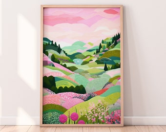 Pink sky mountain landscape wall art, colorful scenery art