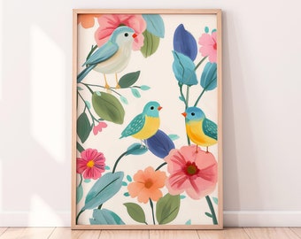 Blommig fågelkonsttryck: Pastell vårillustration (digital nedladdning)