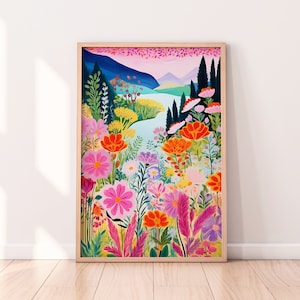 Pintura abstracta de flores rosas, arte mural colorido, arte abstracto, patchwork, ilustración, decoración de sala de estar, arte paisajístico, floral