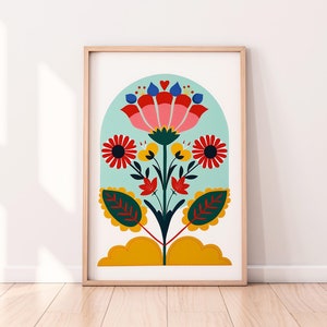 Scandinavian Style Colorful Folk Art, Floral Print, Nordic Printable Wall Art, Living Room Home Decor, Norwegian Art Print, DIGITAL DOWNLOAD