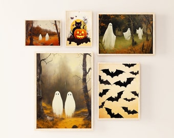 Halloween Prints Set: Spooky Ghost, Bat Art (Digital Download)
