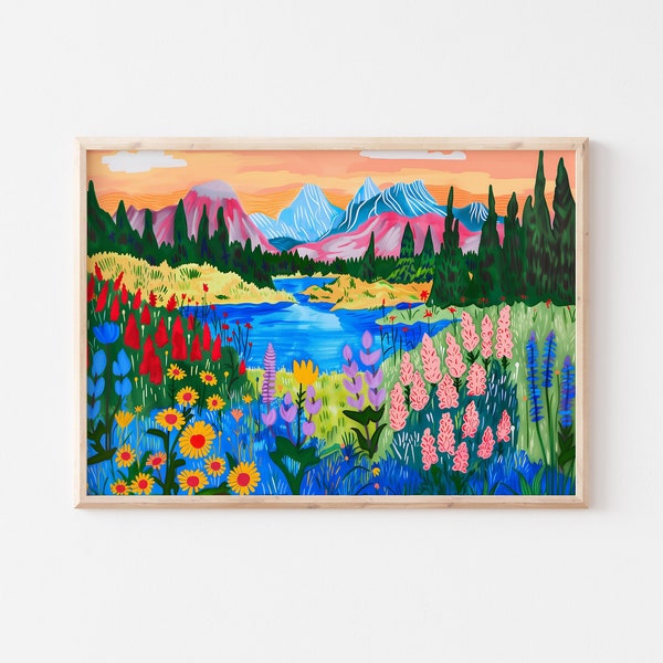 Colorful Mountain Flowers Painting, Nature Illustration, Landscape Wall Art, Printable Art