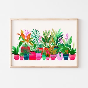 May include: A colorful illustration of a collection of potted plants in various shades of green, pink, and red. The plants are arranged in a row, with their leaves and stems overlapping. The pots are all different shapes and sizes, and some have decorative patterns.