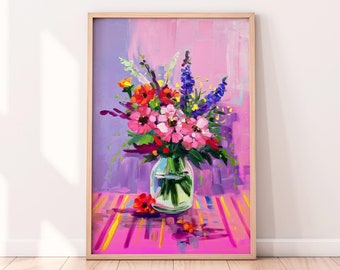 Flowers in a Vase, Colorful Flowers, Gouache Painting, Abstract Wall Art, Digital Download