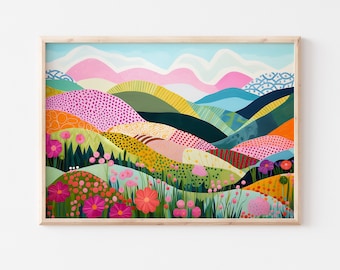 Abstract Horizontal Mountain Artwork, Colorful Wall Art, Abstract Art, Patchwork, Illustration, Living Room Print, Scenery Art, Floral
