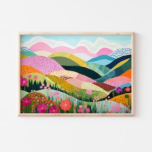 Może przedstawiać: Kolorowy abstrakcyjny obraz przedstawiający krajobraz z wzgórzami, górami i kwiatami. Wzgórza są pomalowane w odcieniach zieleni, błękitu, różu, pomarańczy i żółci. Kwiaty są różowe, czerwone i białe. Niebo jest błękitne z białymi chmurami.