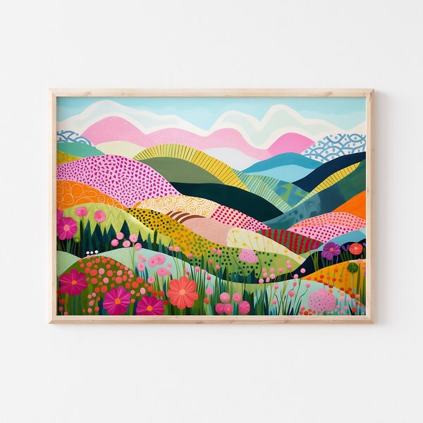 Abstract Horizontal Mountain Artwork, Colorful Wall Art, Abstract Art, Patchwork, Illustration, Living Room Print, Scenery Art, Floral