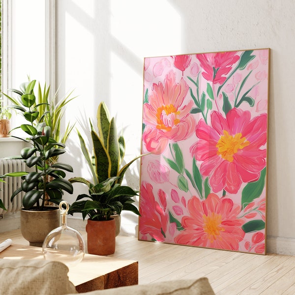 Roze abstracte bloemenkunstprint, kleurrijke bloemenmuurkunst, modern huisdecor, wanddecoratie, maximalistische, heldere kunstprint