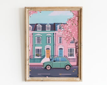 Illustrazione di Notting Hill: stampa di viaggio di Londra, arte con fiori di ciliegio rosa (download digitale)
