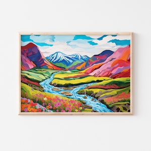 Iceland highlands landscape art print, Iceland art print, colorful travel print, Iceland landscape, Iceland illustration, Landmannalaugar