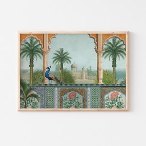 Peacock Mughal Indian Art Horizontal, Printable Wall Art, Digital, Floral Nature Prints, Living Room Decor