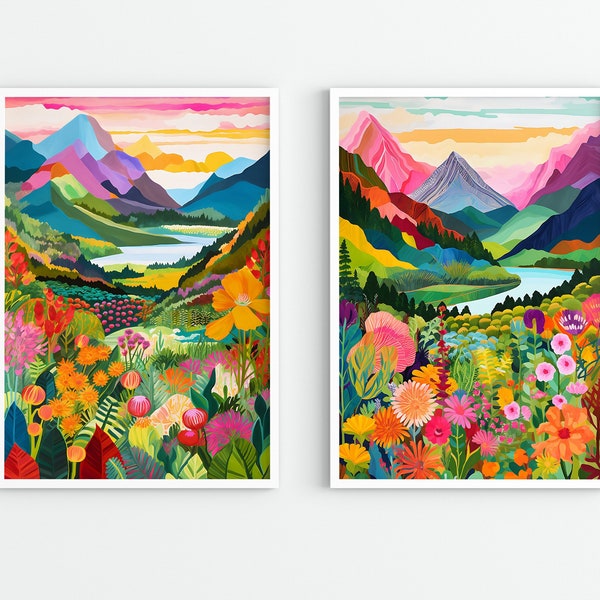 Colorful Abstract Landscape Wall Art Set of 2 Maximalist Art, Abstract Mountain Art, Floral Art, Illustration Art, Scenery Art, Eclectic Art