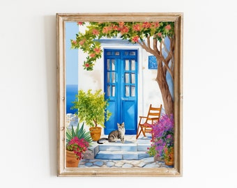 Greek Cottage Art Print, Lefkes Paros Print, Greece Travel, Greek Islands Print, Cat Lover Gift, Greek Streets Wall Art, Greece Wall Art