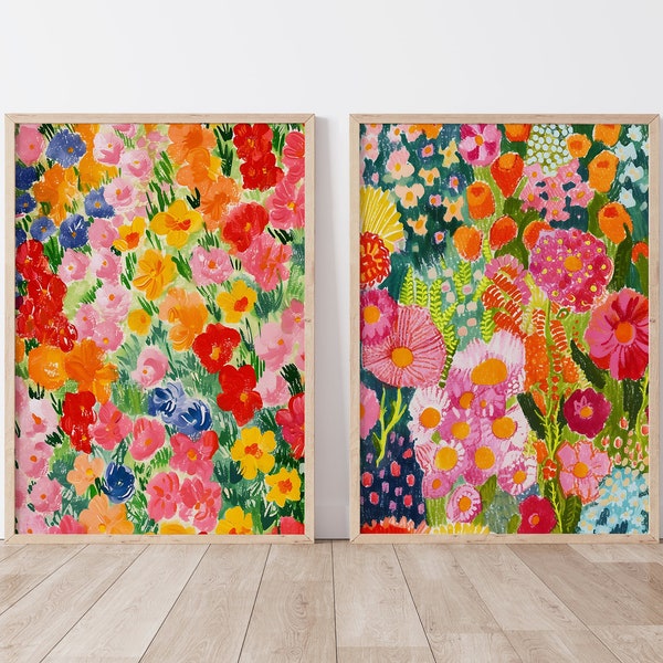 Abstract Floral Botanical Set of 2 Wall Art, Colorful Wall Art, Oil Pastel Painting