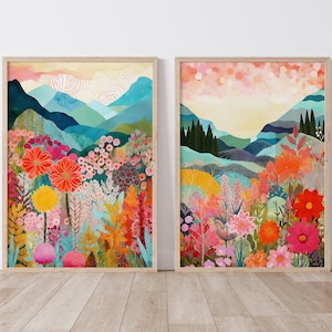 Set of 2 Colorful Landscape Patchwork Floral Botanical Art Print, Maximalist Wall Art