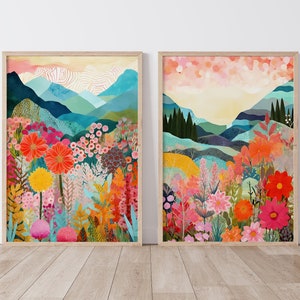 Set of 2 Colorful Landscape Patchwork Floral Botanical Art Print, Maximalist Wall Art