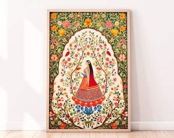 Indian Floral Printable Wall Art, Indian Vintage Art, Folk Prints, Printable, Pichwai Painting, Indian painting, Floral Art Print