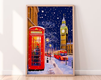 Christmas in London Art Print: Big Ben, Red Bus (Digital Download)