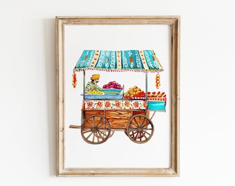 Ilustración del carro Panipuri indio imprimible, arte de la pared india, decoración colorida de la cocina