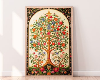 Indian Tree of Life Vintage Folk Art, Blossoming Tree, Floral Print Pichwai Painting Bohemian Wall Art