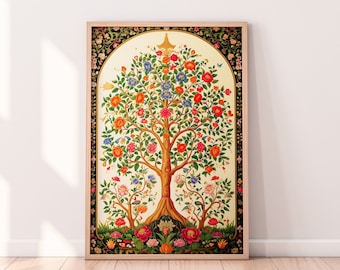 Indian Tree of Life Vintage Folk Art, Blossoming Tree, Floral Print Pichwai Painting Bohemian Wall Art