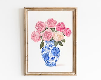 Pink Roses Print: Bohemian Floral Art in Blue Vase (Digital Download)