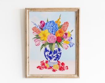 Floral Bouquet Art Print: Blue Vase, Bohemian Farmhouse Decor (Digital Download)