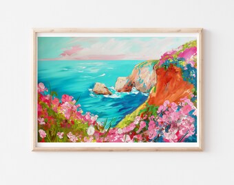 Horizontal Seaside Art, Colorful Cornwall Home Decor, Newquay, Digital Download