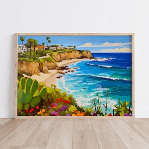 Laguna Beach California Travel Print, Laguna Beach Poster Print, Laguna Beach Wall Art, California Coast Wall Decor, Gouache painting
