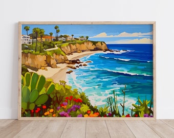 Laguna Beach California Travel Print, Laguna Beach Poster Print, Laguna Beach Wall Art, California Coast Wall Decor, Gouache painting