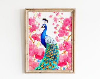 Peacock Art Print, Peacock Painting, Peacock Jungle Tropical Art Illustration Bohemian Grand Millenial Style Wall Decor