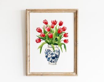 Tulipes bouquet rouge bleu blanc vase fleurs florales impression d'art pot de gingembre gouache bohème mur moderne art déco ferme