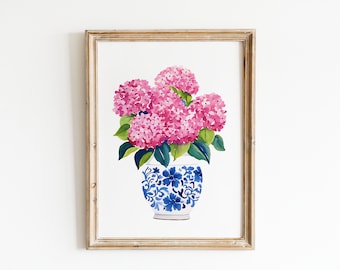 Pink Hydrangea Floral Print: Blue Vase, Modern Farmhouse Decor (Digital Download)