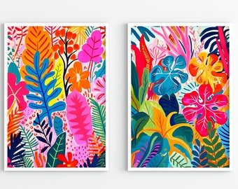 Colorido estampado tropical conjunto de 2 arte de pared maximalista arte de pared botánico floral hojas tropicales plantas arte de pared abstracto impresión brillante