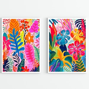 Colorful Tropical Print Set of 2 Maximalist Wall Art Floral Botanical Wall Art Tropical Leaves Plants Abstract Wall Art Bright Print