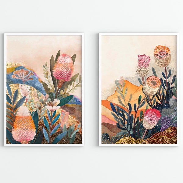 Banksia Flower Set of 2, Australian Native Flower, Floral Painting, Fine Art, Digital Download