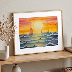 Sunset Beach Painting, Colorful Wall Art, Scenery Printable Art Print, Horizontal Beach Coast Landscape Wall Art Print, Instant Download image 1