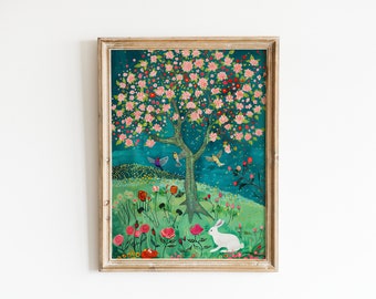 Ilustração colorida de primavera, quarto infantil, arte de berçário, impressão fofa, decoração de quarto infantil