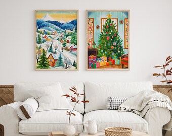 Christmas Scene Art Print Set: Holiday Town, Winter Landscape (Digital Download)