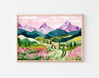 Abstract Mountain Wall Art, Colorful Art, Floral Botanical Scenery Art Print