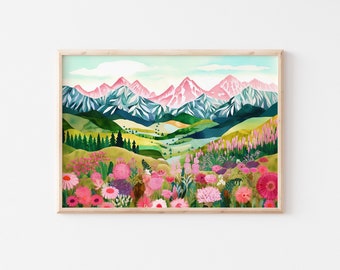 Abstract Mountains, New Zealand Prints, Colorful Wall Art, Scenery Art Print, Floral Art