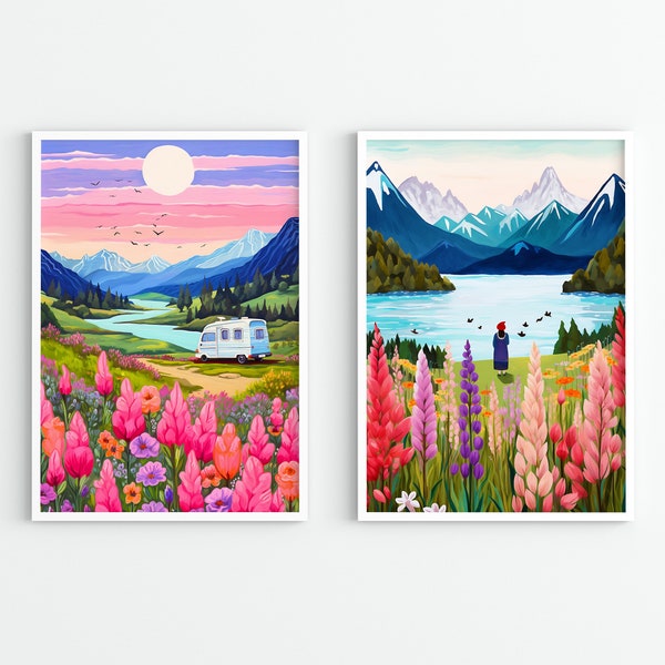 Ensemble d'art mural montagne floral rose de 2, téléchargement numérique, ensemble d'art mural coloré, art mural montagnes abstraites, art acrylique